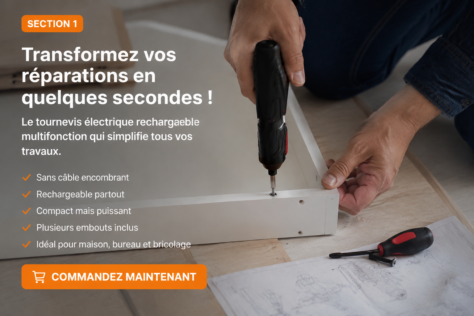 Tournevis Mini Électrique Rechargeable Sans Fil – Tournevis avec Poignée Pivotante, LED et 47 Pièces d’Accessoires