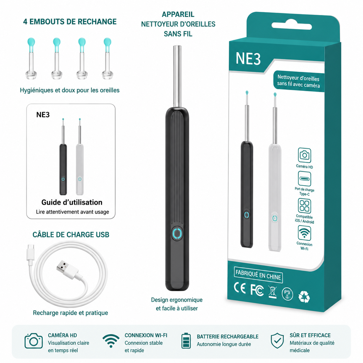 Nettoyeur d'oreille révolutionnaire avec caméra