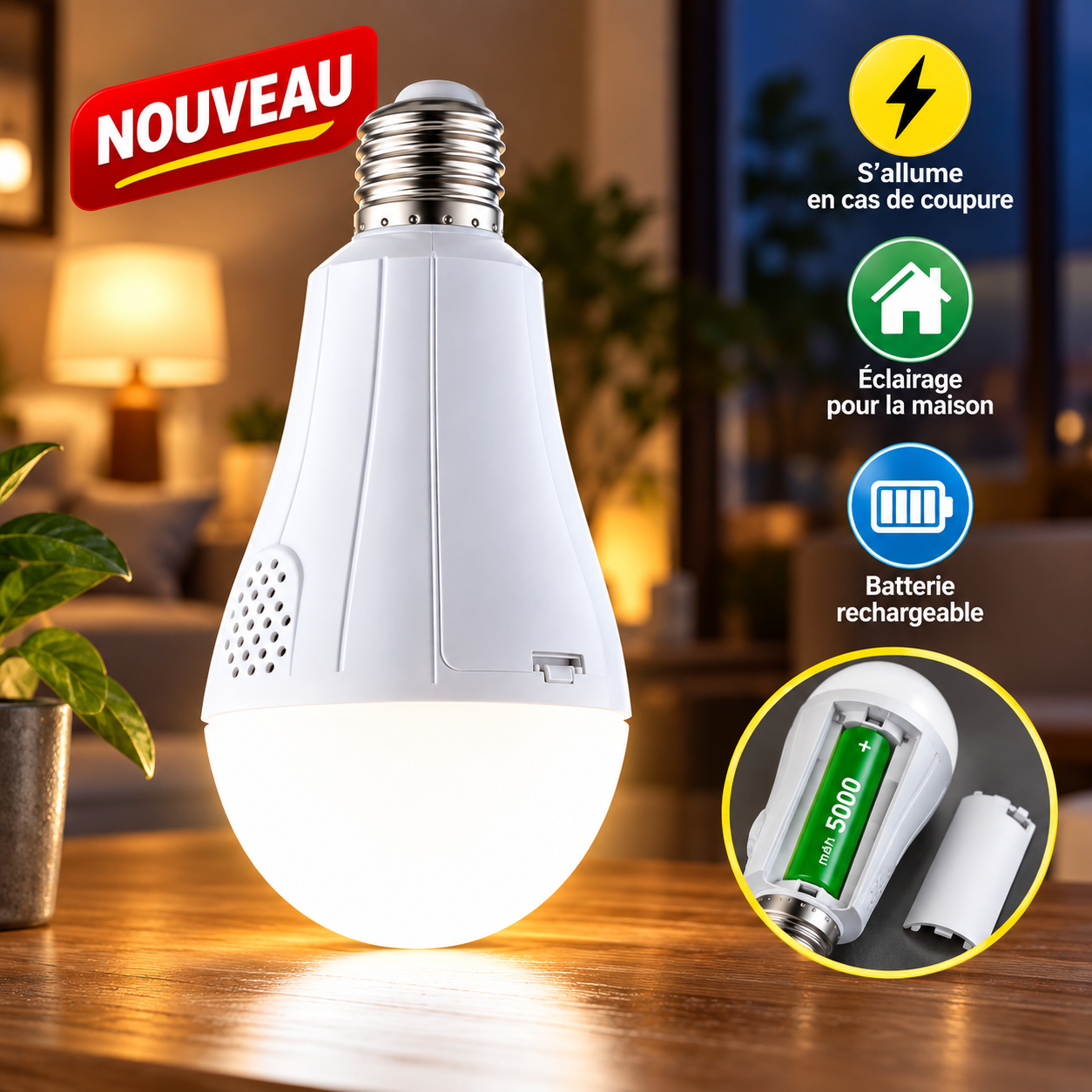 Pack de 5 Ampoules éco-led avec 10 Batteries Rechargeables + Garantie 1 AN/ 💡5 LED BULBS WITH 10 RECHARGEABLE BATTERIES