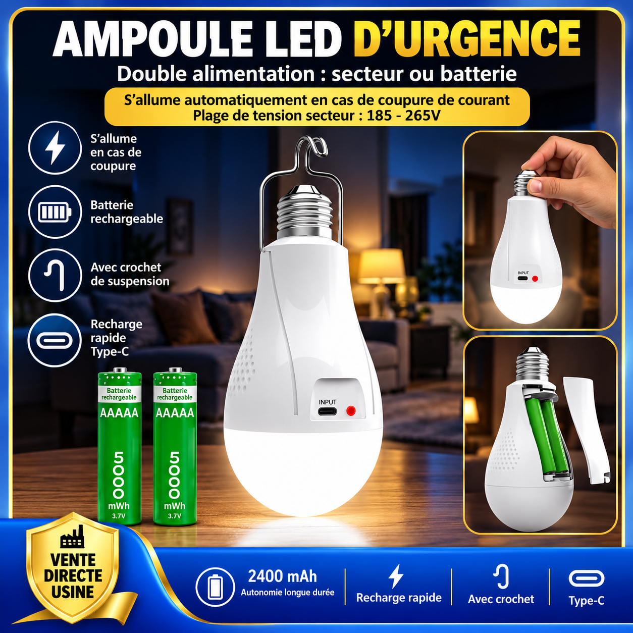 Pack de 5 Ampoules éco-led avec 10 Batteries Rechargeables + Garantie 1 AN/ 💡5 LED BULBS WITH 10 RECHARGEABLE BATTERIES
