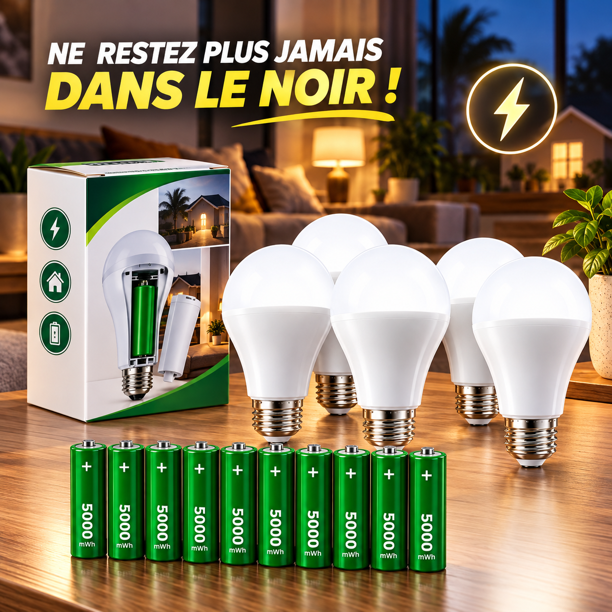 Pack de 5 Ampoules éco-led avec 10 Batteries Rechargeables + Garantie 1 AN/ 💡5 LED BULBS WITH 10 RECHARGEABLE BATTERIES