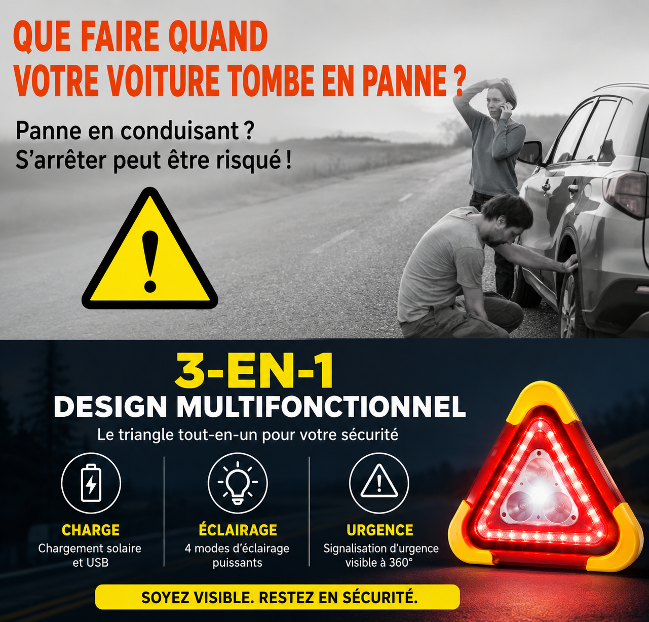Feu de signalisation triangulaire solaire 3-en-1 en bord de route