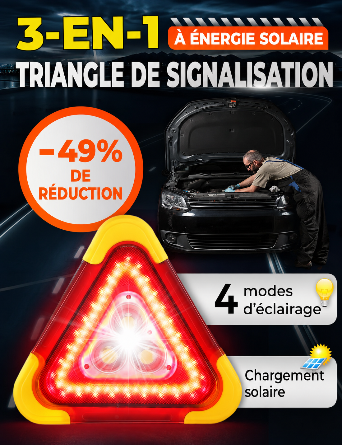 Feu de signalisation triangulaire solaire 3-en-1 en bord de route