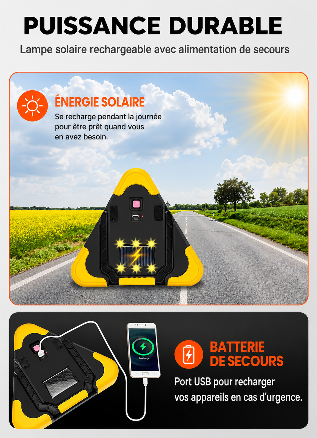 Feu de signalisation triangulaire solaire 3-en-1 en bord de route