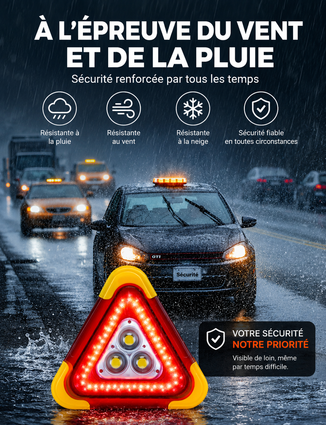 Feu de signalisation triangulaire solaire 3-en-1 en bord de route