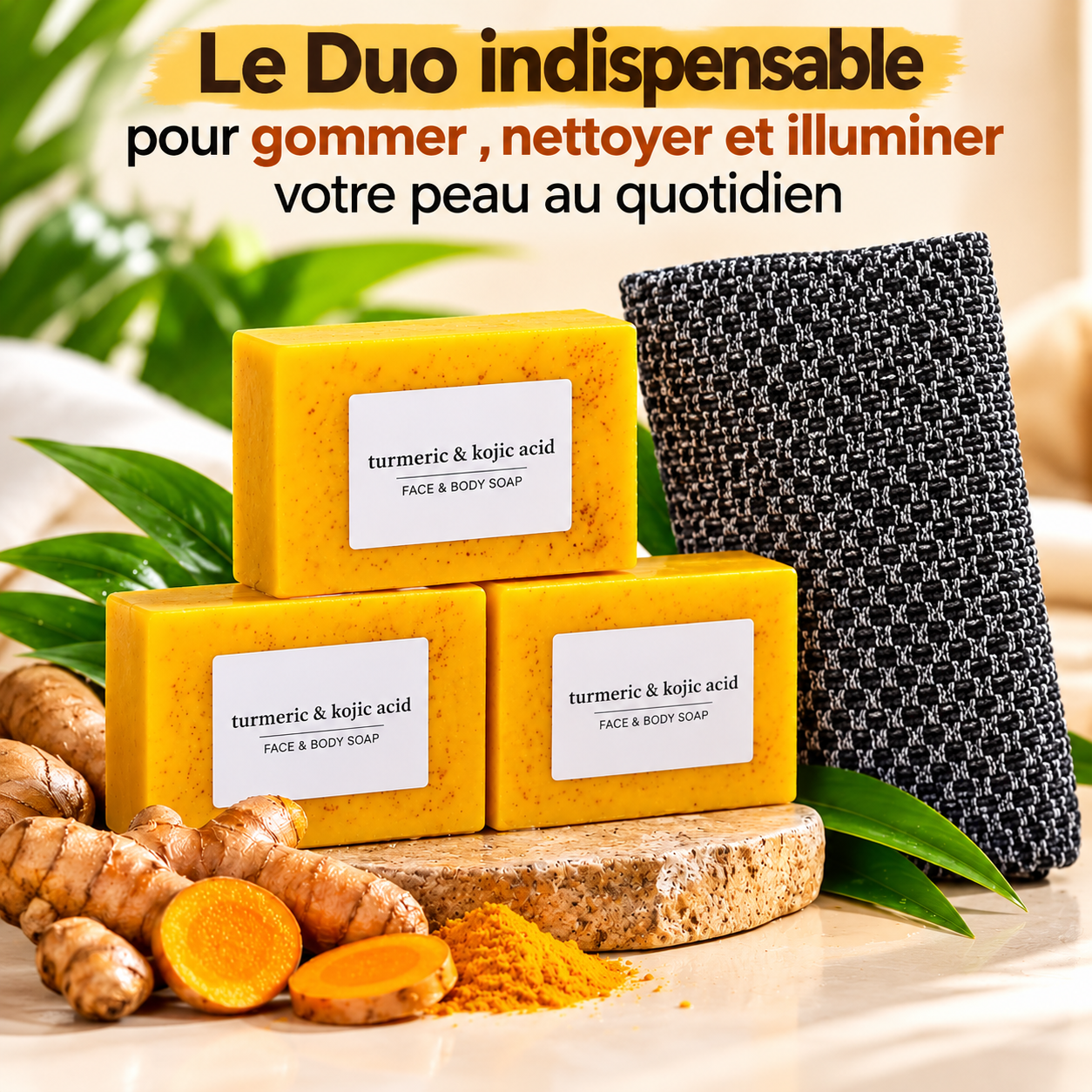 LE PACK ROUTINE ÉCLAT :3 SAVONS AU CURCUMA & KOJIC + SERVIETTE EXFOLIANTE JAPonaise