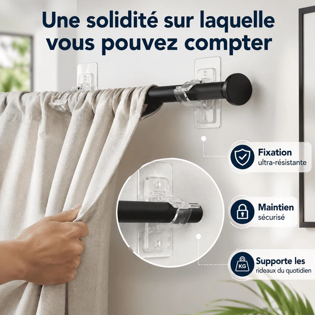 Supports de Tringle Ultra-Résistants Sans Perçage Installez Vos Rideaux Sans Menuisier