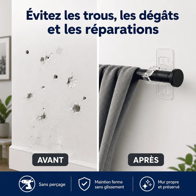 Supports de Tringle Ultra-Résistants Sans Perçage Installez Vos Rideaux Sans Menuisier