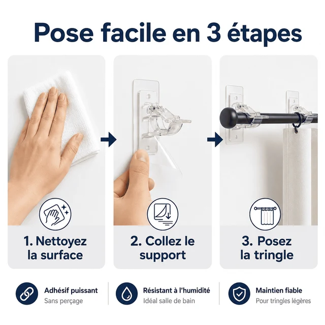 Supports de Tringle Ultra-Résistants Sans Perçage Installez Vos Rideaux Sans Menuisier