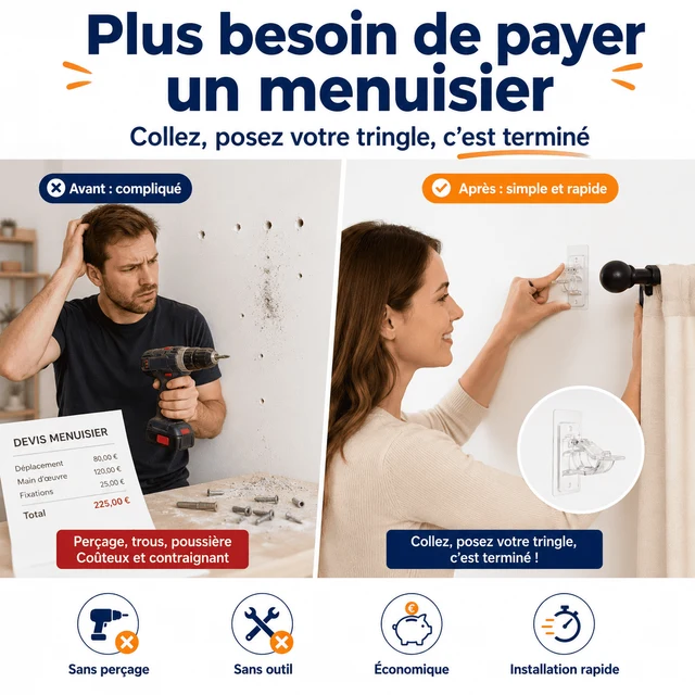 Supports de Tringle Ultra-Résistants Sans Perçage Installez Vos Rideaux Sans Menuisier