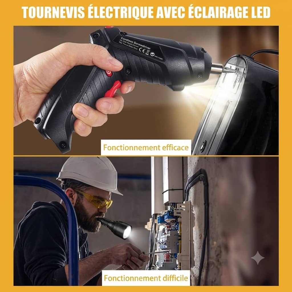 Tournevis Mini Électrique Rechargeable Sans Fil – Tournevis avec Poignée Pivotante, LED et 47 Pièces d’Accessoires