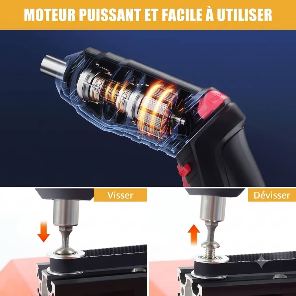 Tournevis Mini Électrique Rechargeable Sans Fil – Tournevis avec Poignée Pivotante, LED et 47 Pièces d’Accessoires
